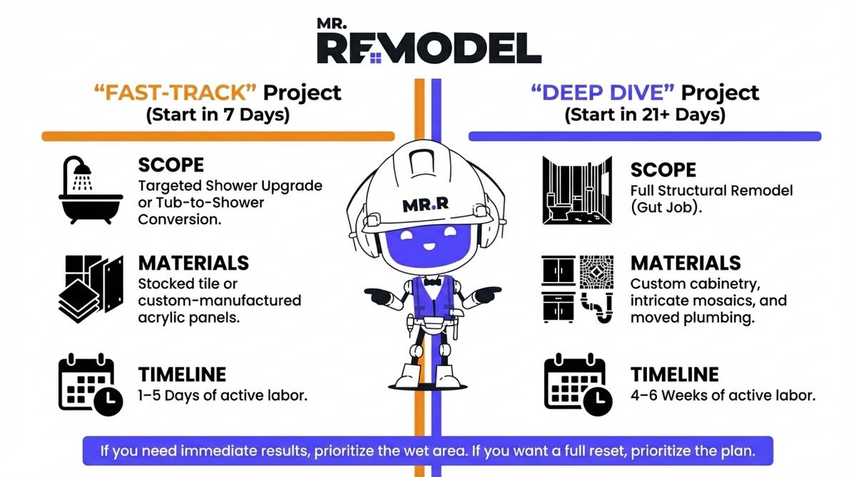A project comparison infographic showing the difference in timelines between a rapid shower upgrade (7-day start) and a full structural remodel (21-day start).